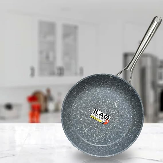 A EasyWare Sartén PLATINUM de aluminio forjado, 4 capas de Antiadherente GRANITEC HIGH LINE Tecnologia SUIZA, Mango extra Largo de ACERO INOXIDABLE, Inducción, libre de PFOA, SALUD (20 cm).