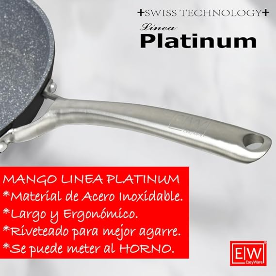 A EasyWare Sartén PLATINUM de aluminio forjado, 4 capas de Antiadherente GRANITEC HIGH LINE Tecnologia SUIZA, Mango extra Largo de ACERO INOXIDABLE, Inducción, libre de PFOA, SALUD (20 cm).