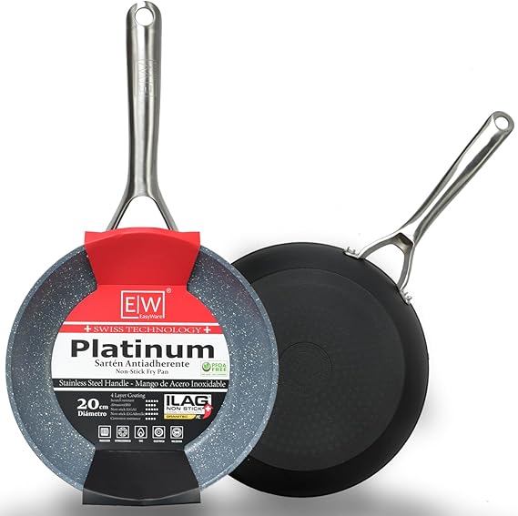A EasyWare Sartén PLATINUM de aluminio forjado, 4 capas de Antiadherente GRANITEC HIGH LINE Tecnologia SUIZA, Mango extra Largo de ACERO INOXIDABLE, Inducción, libre de PFOA, SALUD (20 cm).