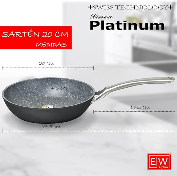 A EasyWare Sartén PLATINUM de aluminio forjado, 4 capas de Antiadherente GRANITEC HIGH LINE Tecnologia SUIZA, Mango extra Largo de ACERO INOXIDABLE, Inducción, libre de PFOA, SALUD (20 cm).