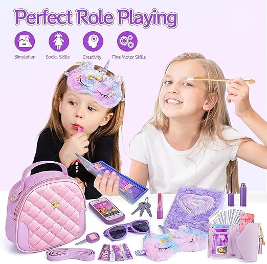 A Bolso para niña con accesorios, juego de cartera My First - Diario de maquillaje para jugar, máscara de ojos, billetera de juguete, llaves de teléfono, anteojos de sol, tarjetas de crédito, niños.