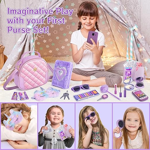 A Bolso para niña con accesorios, juego de cartera My First - Diario de maquillaje para jugar, máscara de ojos, billetera de juguete, llaves de teléfono, anteojos de sol, tarjetas de crédito, niños.