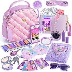 A Bolso para niña con accesorios, juego de cartera My First - Diario de maquillaje para jugar, máscara de ojos, billetera de juguete, llaves de teléfono, anteojos de sol, tarjetas de crédito, niños.