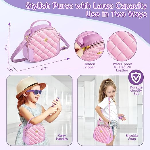 A Bolso para niña con accesorios, juego de cartera My First - Diario de maquillaje para jugar, máscara de ojos, billetera de juguete, llaves de teléfono, anteojos de sol, tarjetas de crédito, niños.