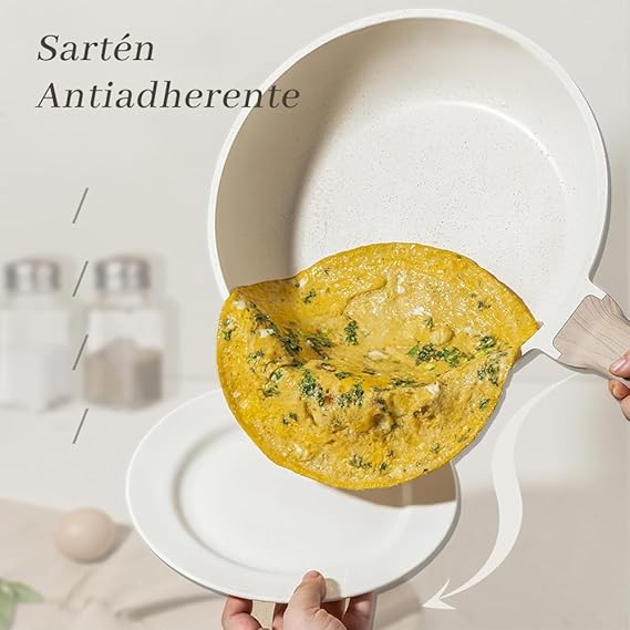 A DAHAN Sartenes Antiadherentes Blanco, Sartén de chef de Piedra de Granito,Sartenes de Ceramica con Mango de Baquelita Bateria de Cocina 20 cm.