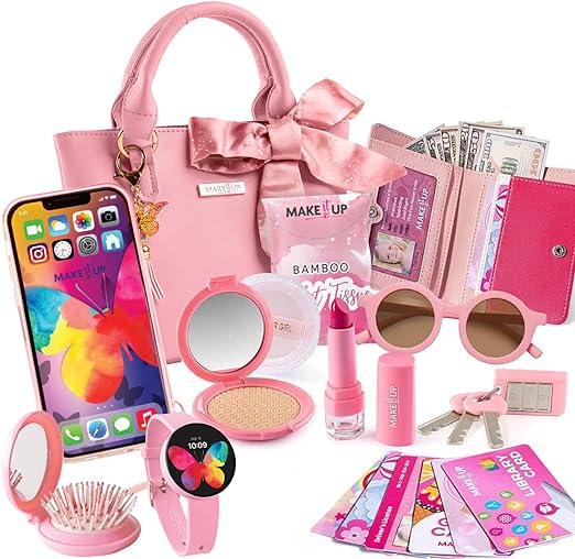 A Princess Pretend Play - Juego de cartera para niñas y niñas pequeñas, juego de maquillaje con cartera para niños y juguetes de maquillaje falso, cartera con accesorios para teléfono, portafolios, juego de maquillaje y más juguetes para niñas de más de 3 años Marca: Make it Up.