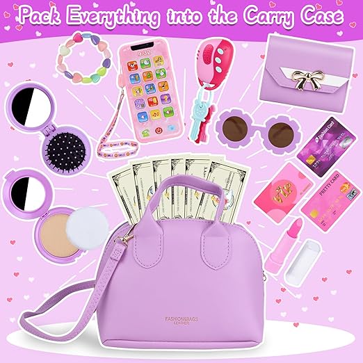 A Learn2M - Bolso de juego morado para niñas de 3 a 6 años, con bolsa de mano, juego de maquillaje, anteojos de sol, smartphone, portafolios, llaves de coche, tarjetas de crédito y dinero falso.