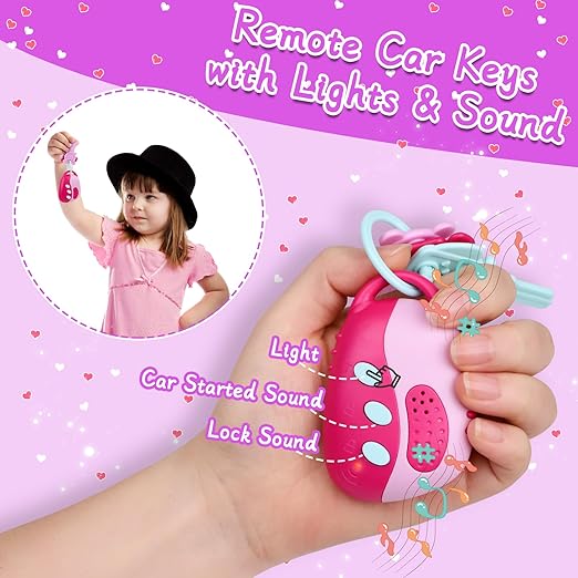 A Learn2M - Bolso de juego morado para niñas de 3 a 6 años, con bolsa de mano, juego de maquillaje, anteojos de sol, smartphone, portafolios, llaves de coche, tarjetas de crédito y dinero falso.
