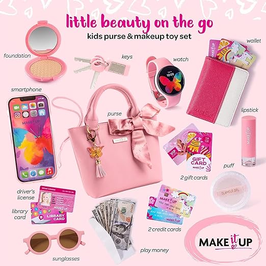 A Princess Pretend Play - Juego de cartera para niñas y niñas pequeñas, juego de maquillaje con cartera para niños y juguetes de maquillaje falso, cartera con accesorios para teléfono, portafolios, juego de maquillaje y más juguetes para niñas de más de 3 años Marca: Make it Up.