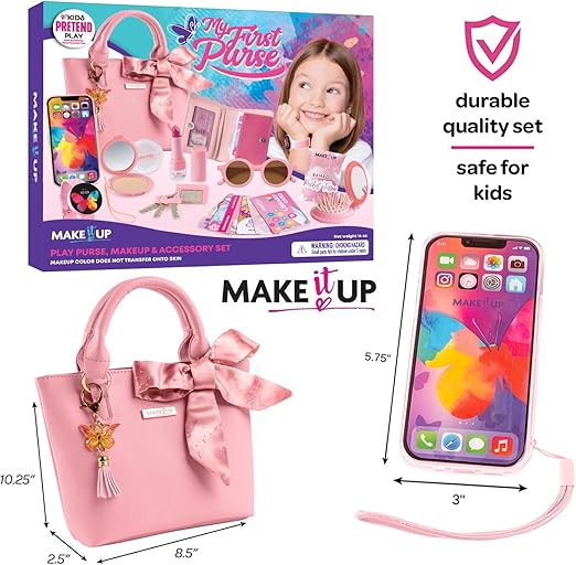 A Princess Pretend Play - Juego de cartera para niñas y niñas pequeñas, juego de maquillaje con cartera para niños y juguetes de maquillaje falso, cartera con accesorios para teléfono, portafolios, juego de maquillaje y más juguetes para niñas de más de 3 años Marca: Make it Up.