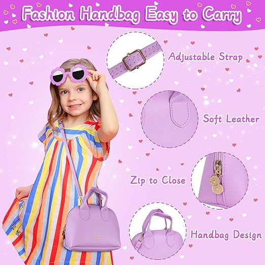 A Learn2M - Bolso de juego morado para niñas de 3 a 6 años, con bolsa de mano, juego de maquillaje, anteojos de sol, smartphone, portafolios, llaves de coche, tarjetas de crédito y dinero falso.