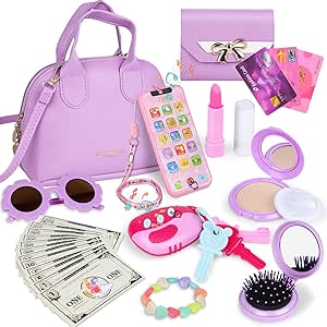 A Learn2M - Bolso de juego morado para niñas de 3 a 6 años, con bolsa de mano, juego de maquillaje, anteojos de sol, smartphone, portafolios, llaves de coche, tarjetas de crédito y dinero falso.