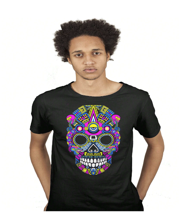 PLAYERA CALAVERA AZTECA, BRILLA EN LA NOCHE, NEON