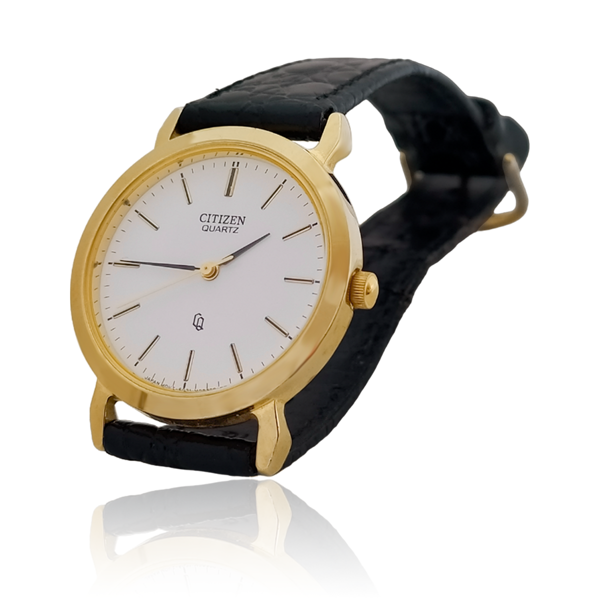 Reloj De Manecillas #13 Con Correa Negra De Piel Sintética y Bisel dorado con Fondo blaco.