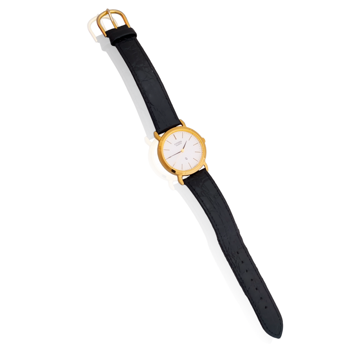 Reloj De Manecillas #13 Con Correa Negra De Piel Sintética y Bisel dorado con Fondo blaco.