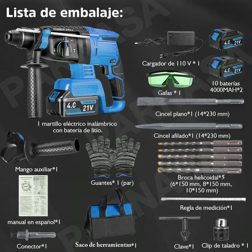 Rotomartillo Inalámbrico Taladro Sds-plus 2200w/2 Batería