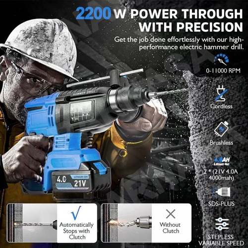 Rotomartillo Inalámbrico Taladro Sds-plus 2200w/2 Batería