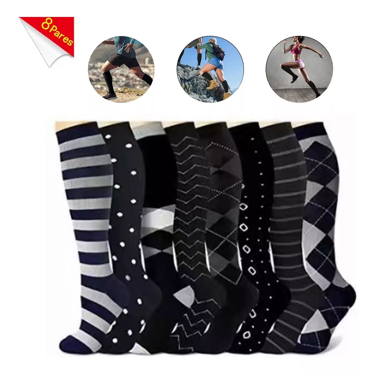 8pares Calcetas De Compresion Hombre Mujer Calcetines Largas S/M.