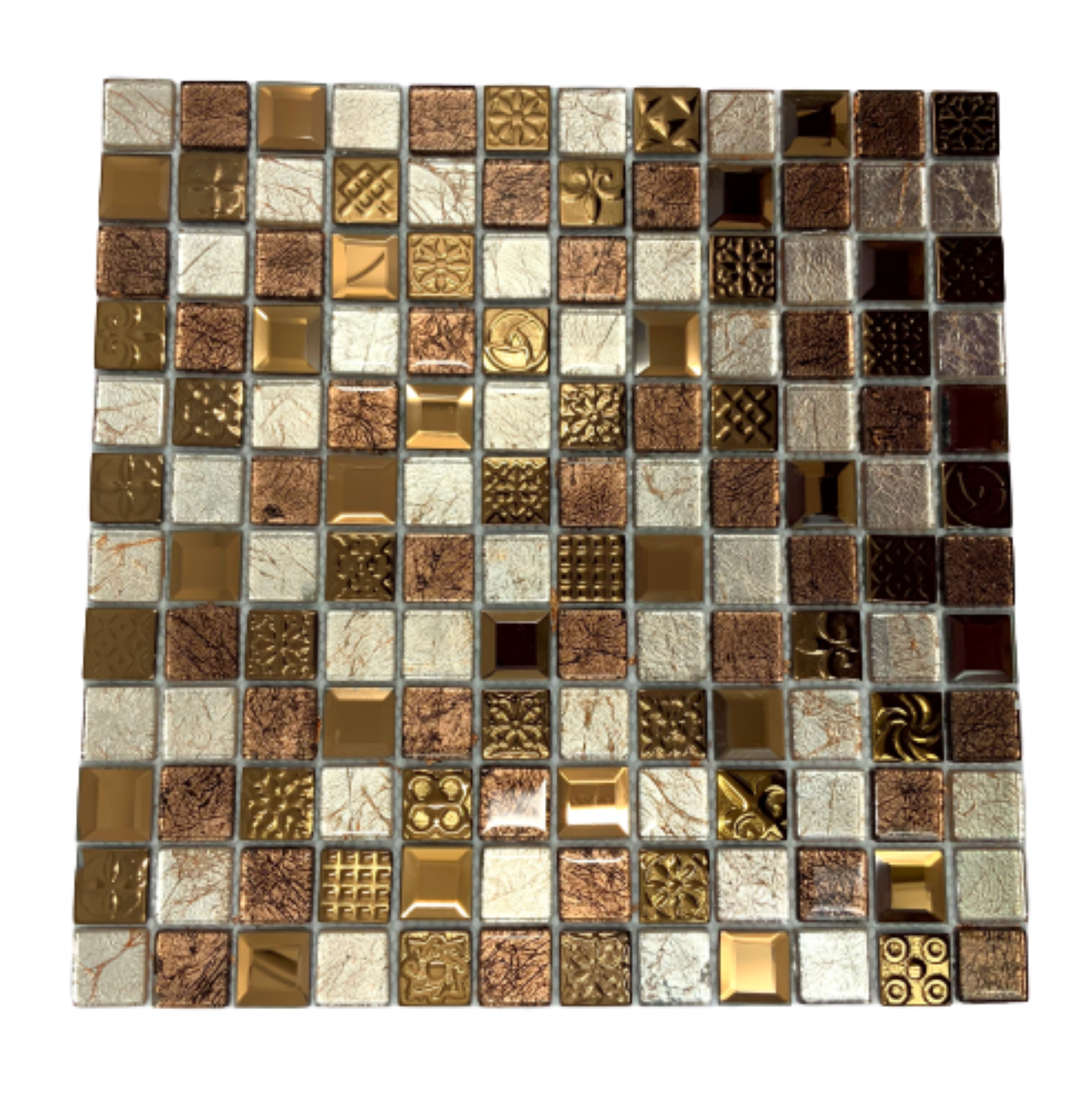 Malla o Mosaico Decorativo de vidrio VOL, medida 30 x 30 cms. (base por altura). Diseño en tonos café y dorado, con detalles marmoleados y en relieve. Caja de 5 piezas..