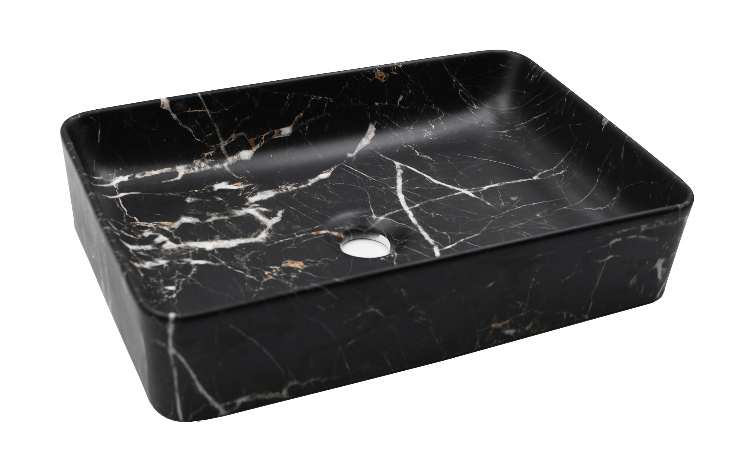 Lavabo Cerámico para Baño ANTI, forma rectangular acabado marmoleado mate en color negro. De sobreponer, con diseño europeo ideal para todo tipo de baños. Dimensiones 50.0 x 35.5 x 11.0 cms. (base x altura x profundidad)