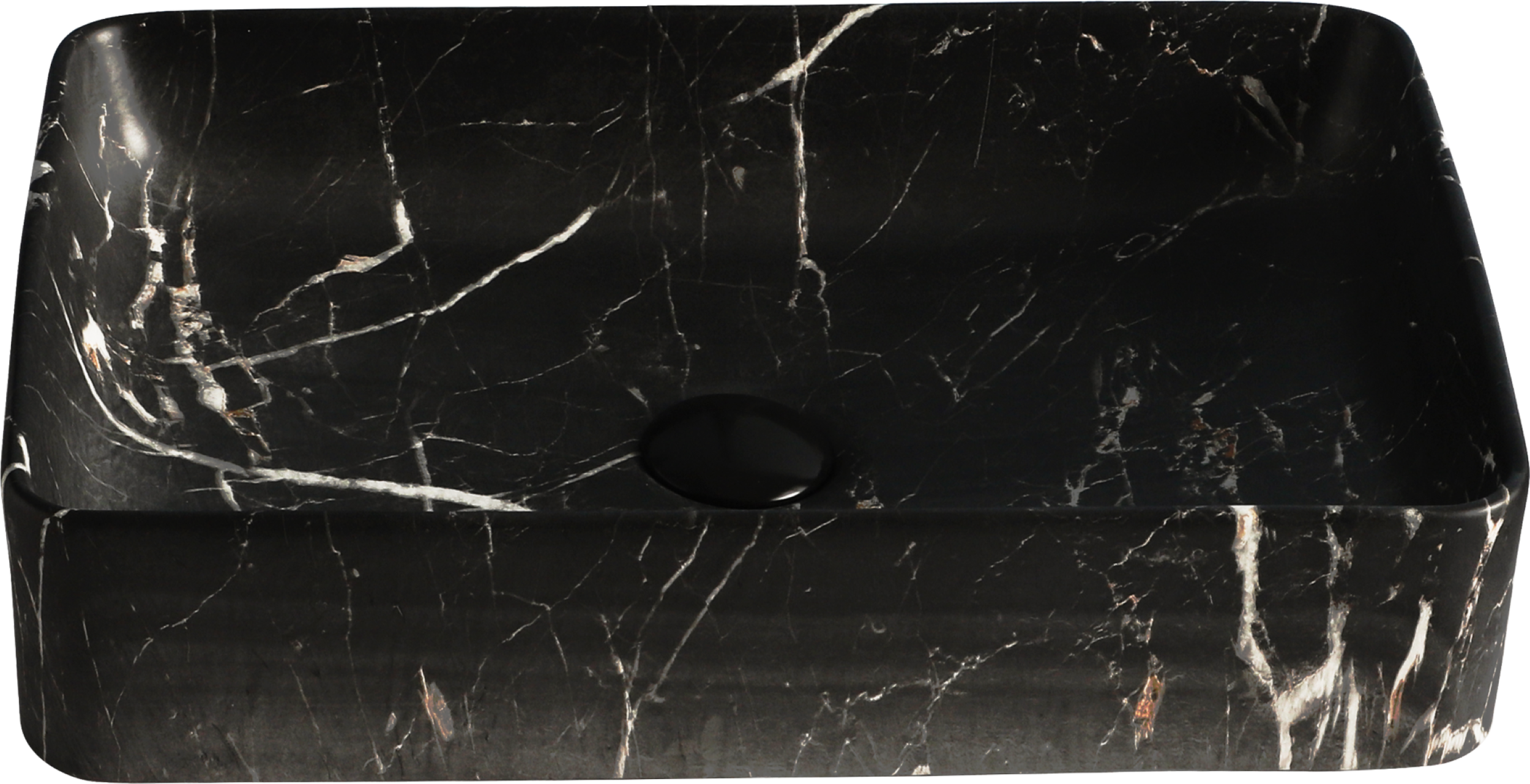 Lavabo Cerámico para Baño ANTI, forma rectangular acabado marmoleado mate en color negro. De sobreponer, con diseño europeo ideal para todo tipo de baños. Dimensiones 50.0 x 35.5 x 11.0 cms. (base x altura x profundidad)