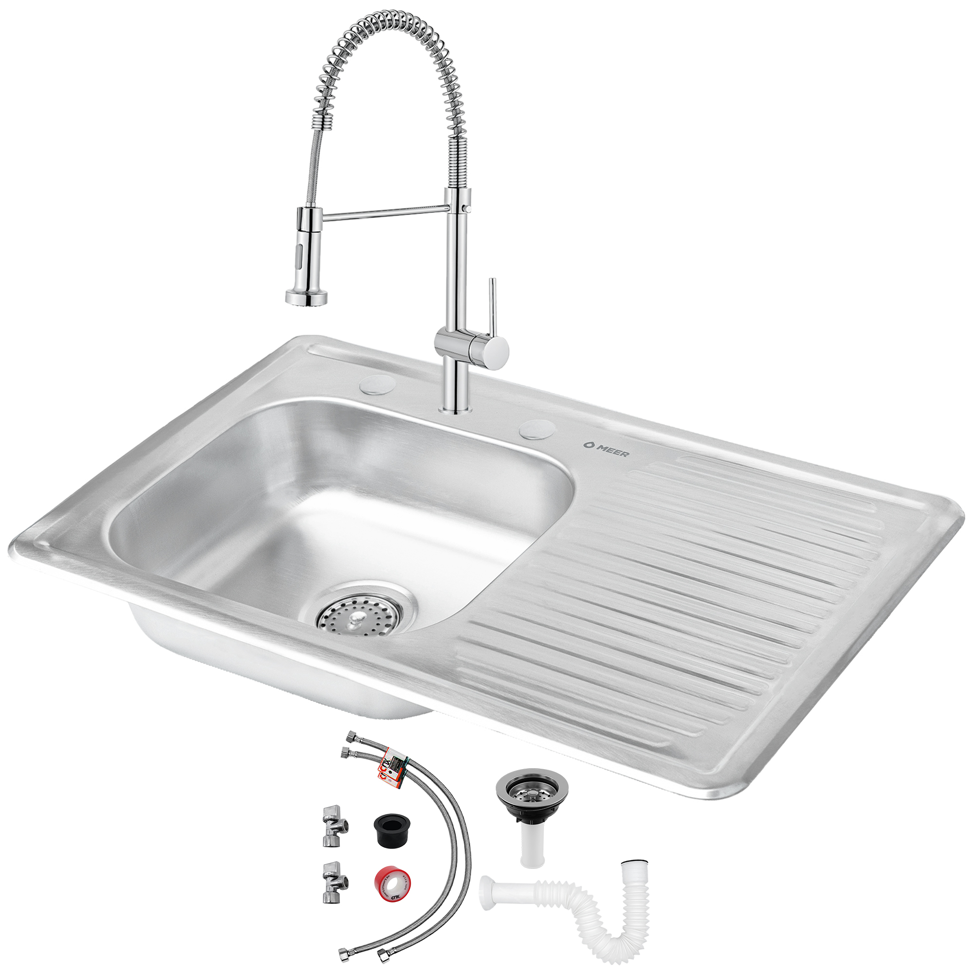 MEER Faucets by CNX | Tarja Sencilla con Escurridor en Acero Inoxidable para Cocina con Escurridor Derecho incluye Mezcladora Flexible con Dos Tipos de Chorro y Kit de Instalación