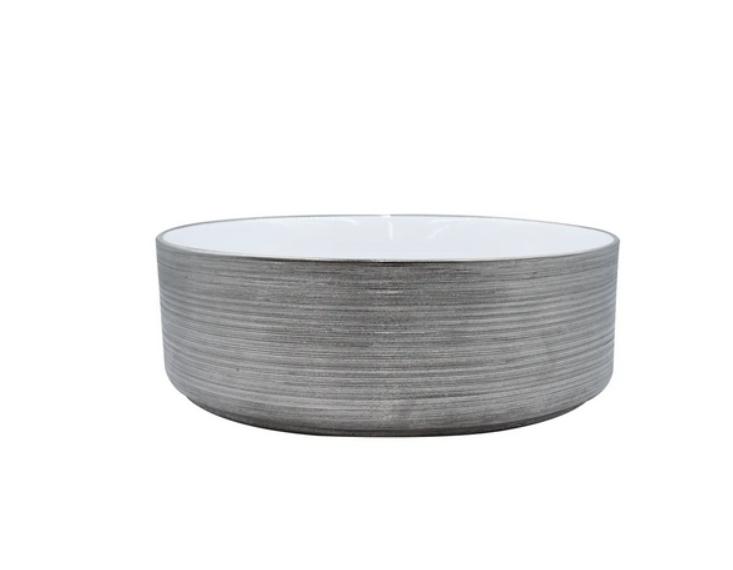 Lavabo Cerámico para Baño BAF, forma circular en color plata semi mate con detalles en relieve metalizados. De sobreponer, con diseño europeo ideal para todo tipo de baños. Dimensiones 36.0 x 36.0 x 12.5 cms. (base x altura x profundidad).