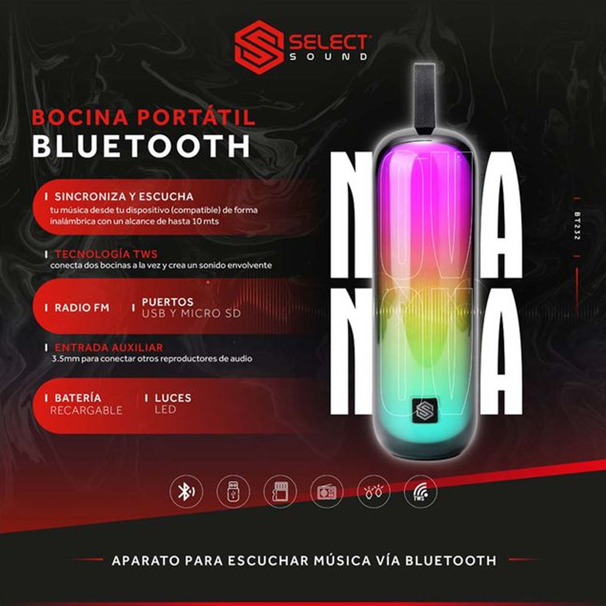 Bocina Inalámbrica Bluetooth Nova Selec Sound Bt232 Tws Luz Led Radio Fm Negro