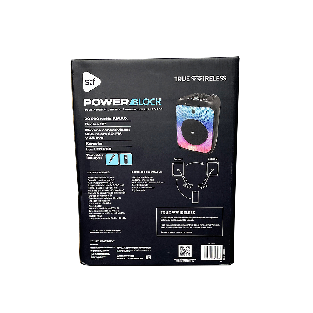 Bocina Inalámbrica portátil Power Block  Stf 12" pulgadas con luz LED.