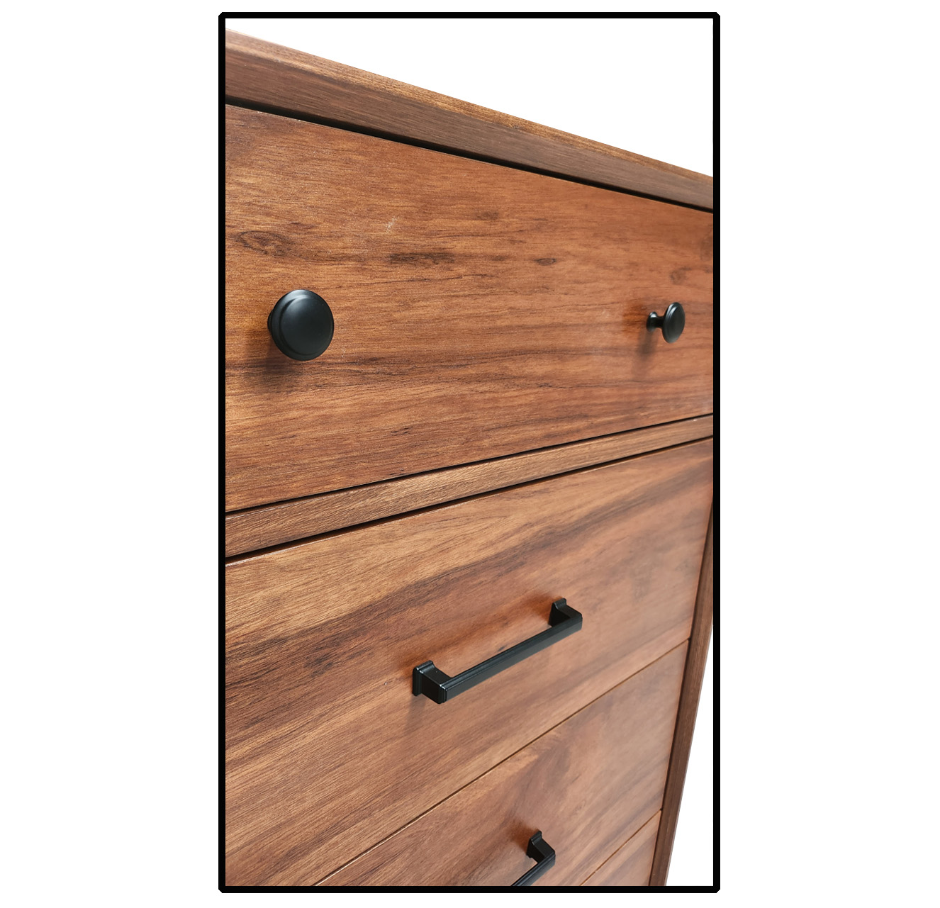 Cajonera cómoda con chapa de madera natural con 5 cajones estilo retro.