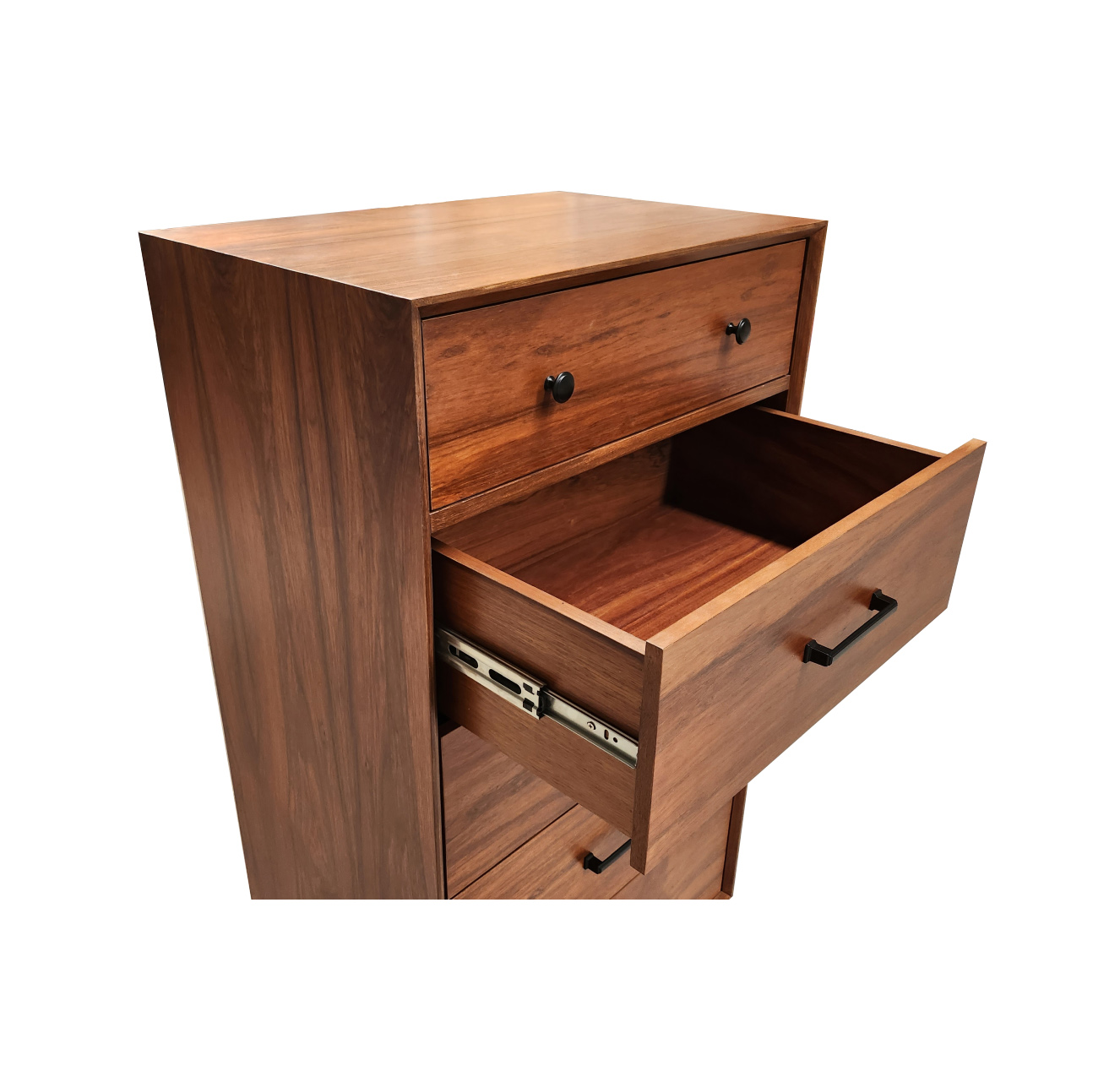 Cajonera cómoda con chapa de madera natural con 5 cajones estilo retro.