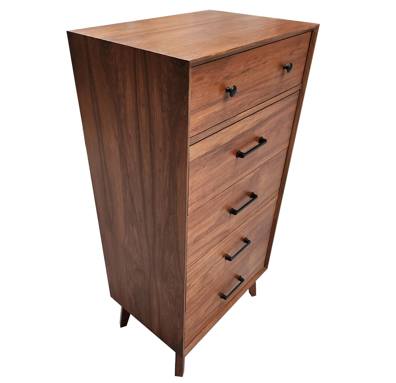 Cajonera cómoda con chapa de madera natural con 5 cajones estilo retro.