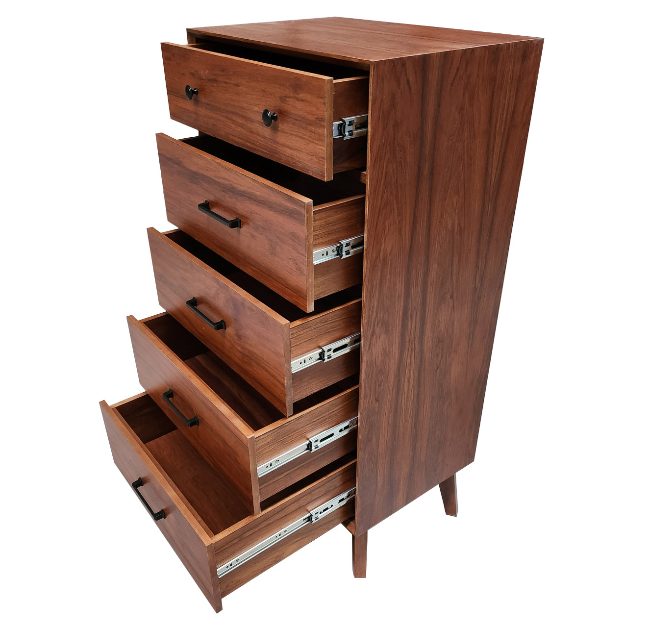Cajonera cómoda con chapa de madera natural con 5 cajones estilo retro.