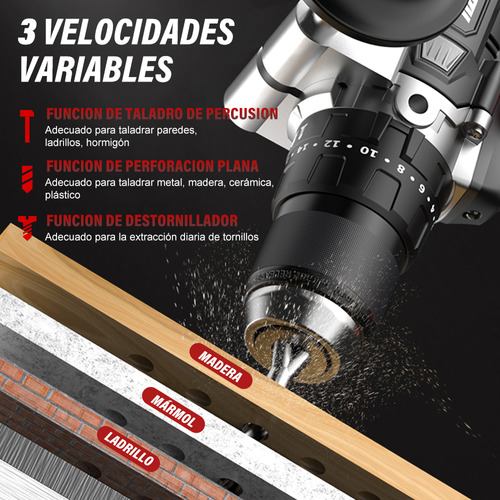 Taladro Rotomartillo 1/2'' Sin Carbones 2baterías 4ah Nanwei Color Negro Frecuencia 60.