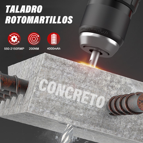 Taladro Rotomartillo 1/2'' Sin Carbones 2baterías 4ah Nanwei Color Negro Frecuencia 60.