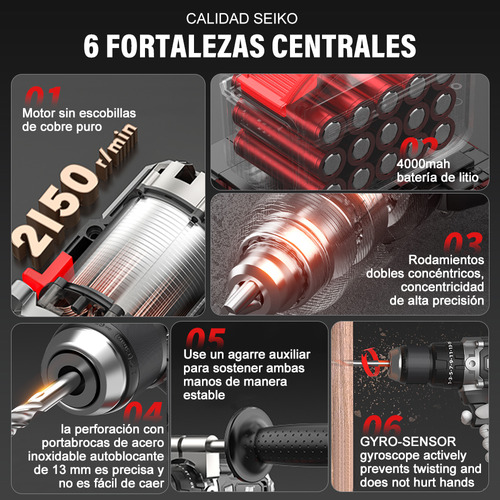 Taladro Rotomartillo 1/2'' Sin Carbones 2baterías 4ah Nanwei Color Negro Frecuencia 60.