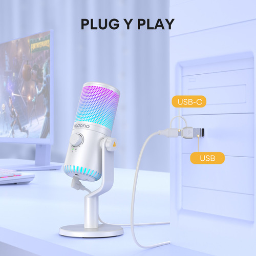 Maono Micrófono Gamer Condensador Usb Podcast Pc Dm30 Rgb Color Blanco.