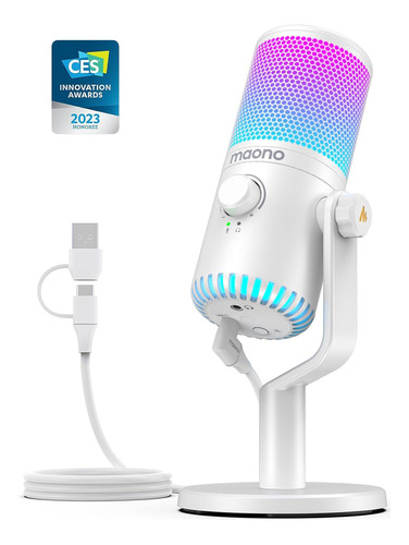 Maono Micrófono Gamer Condensador Usb Podcast Pc Dm30 Rgb Color Blanco.