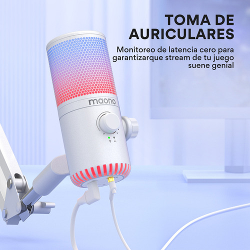 Maono Micrófono Gamer Condensador Usb Podcast Pc Dm30 Rgb Color Blanco.