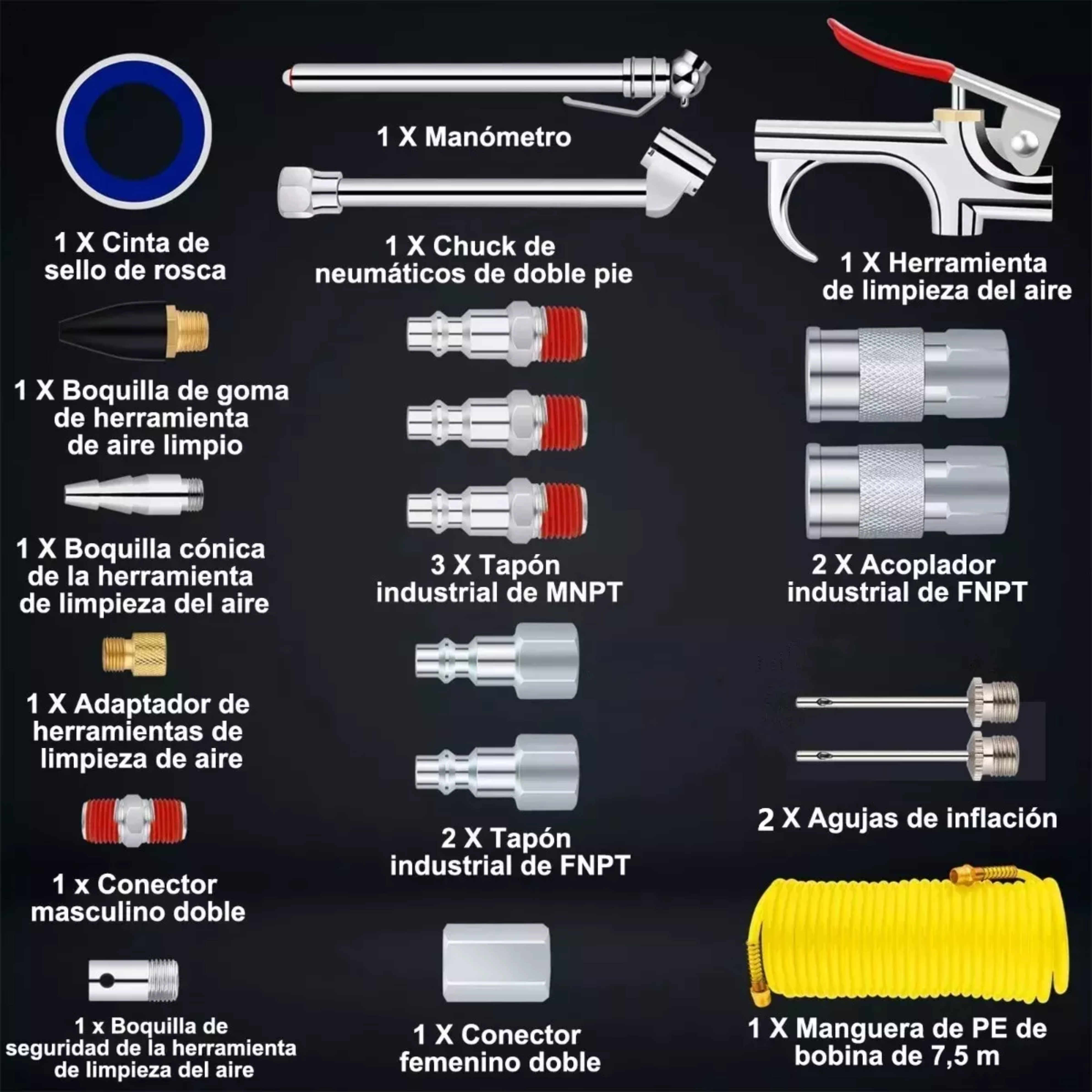Kit Accesorios Aire Para Compresor Con Manguera 20 Piezas.