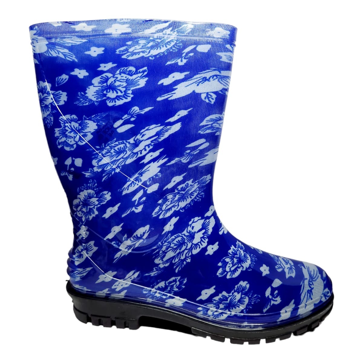 Bota Lluvia Mujer Dama Antiderrapante Impermeable Flores Azul.