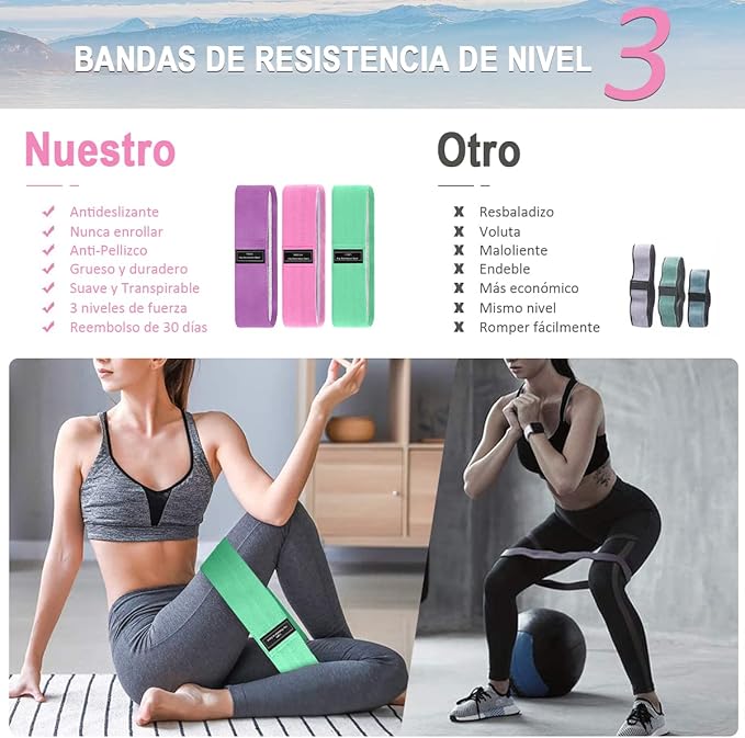 EASYTAO Bandas de Resistencia Pack de 3 para Ejercicios en Casa y Gimnasio, Ligas Elásticas de Látex Natural Multifuncional para Yoga, Pilate, Crossfit，con 2 Muñequera.