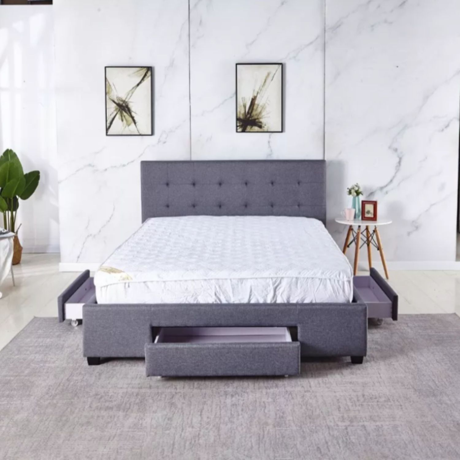 Ilios Innova | Base de cama Matrimonial con cajones fabricada en madera con cabecera tapizada en lino color gris | Estilo moderno ideal para renovar tu recamara |