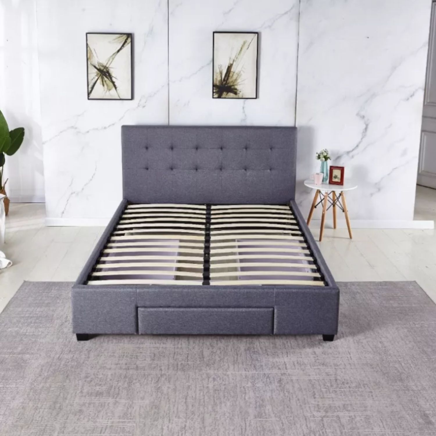 Ilios Innova | Base de cama Matrimonial con cajones fabricada en madera con cabecera tapizada en lino color gris | Estilo moderno ideal para renovar tu recamara |
