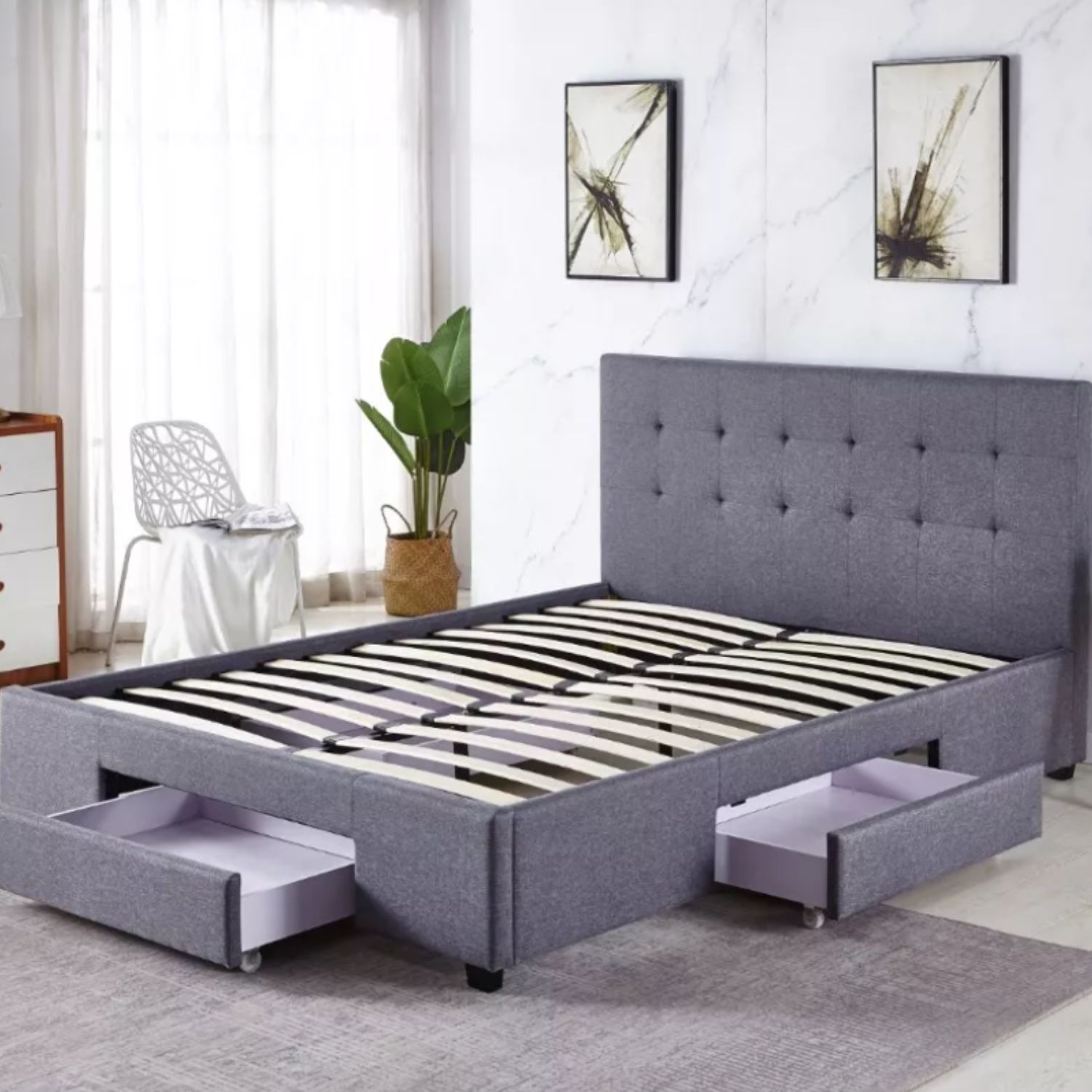 Ilios Innova | Base de cama Matrimonial con cajones fabricada en madera con cabecera tapizada en lino color gris | Estilo moderno ideal para renovar tu recamara |
