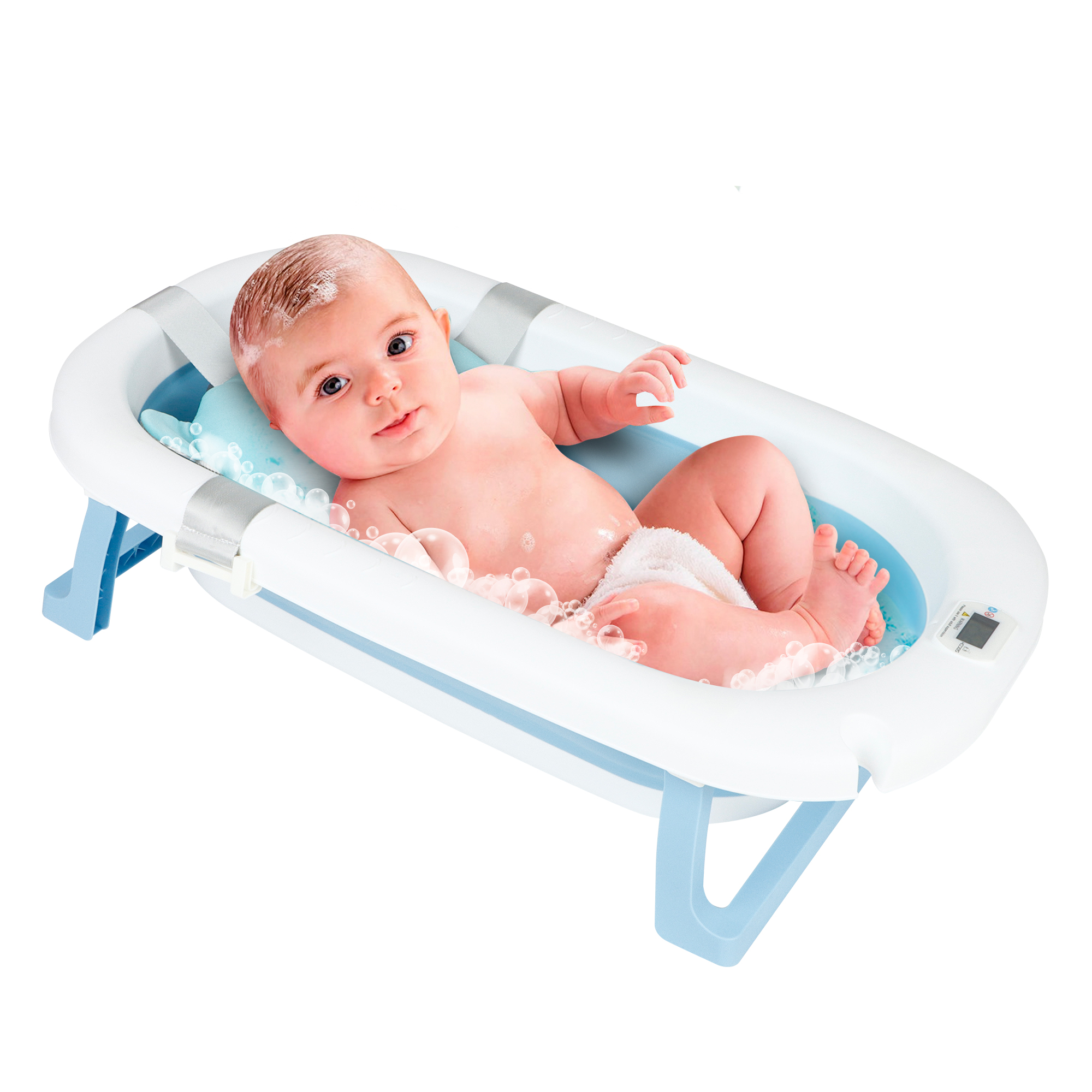 Tina Bañera De Baño Plegable Portátil Para Bebés Termómetro AZUL.