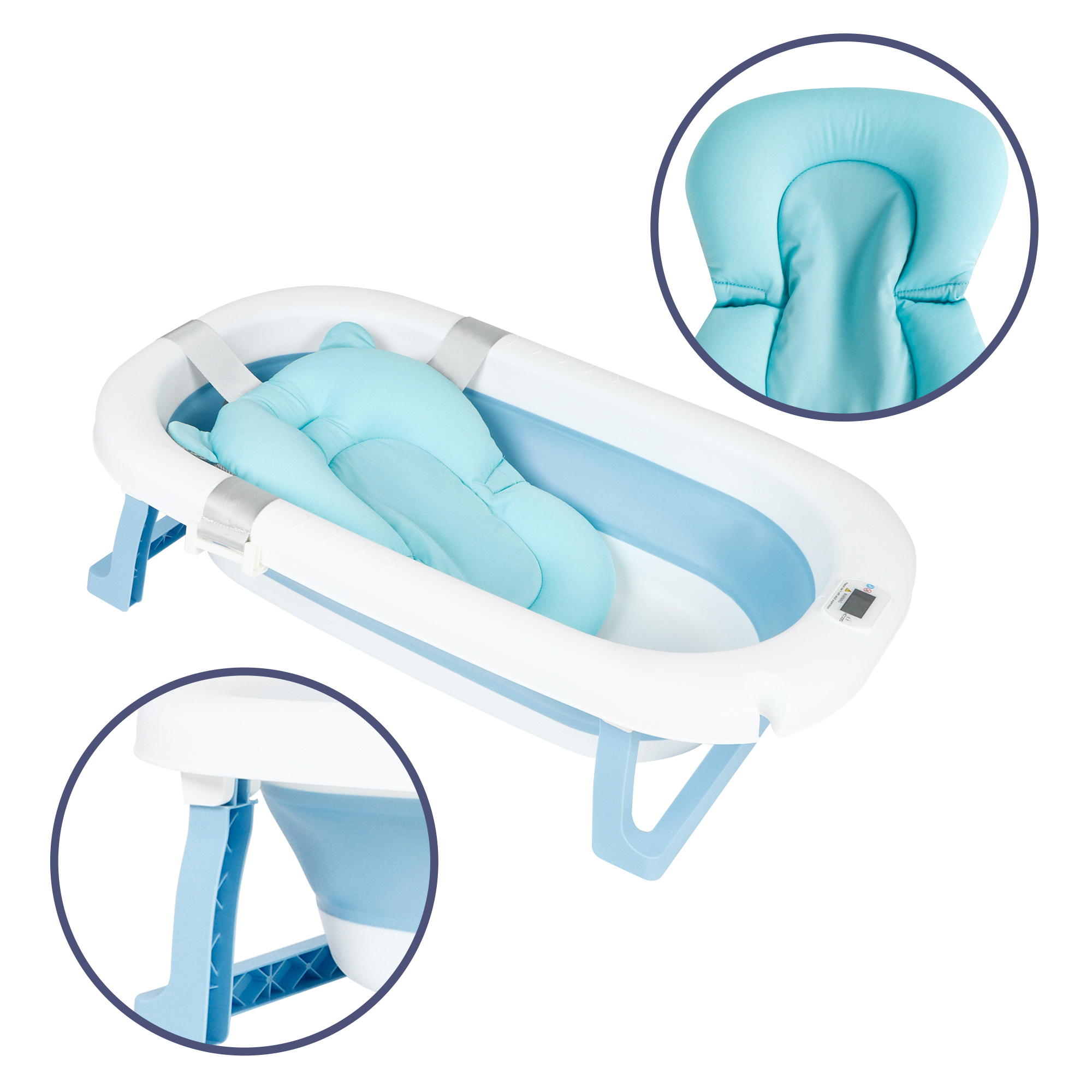 Tina Bañera De Baño Plegable Portátil Para Bebés Termómetro AZUL.