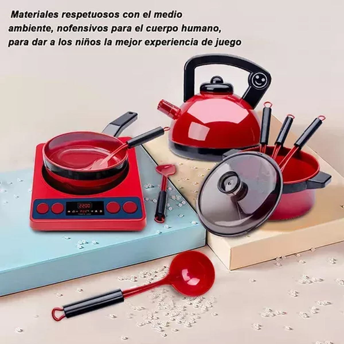 61 piezas Juguetes De Cocina Para Ninos Utensilios Cocina Comida Color Rojo.