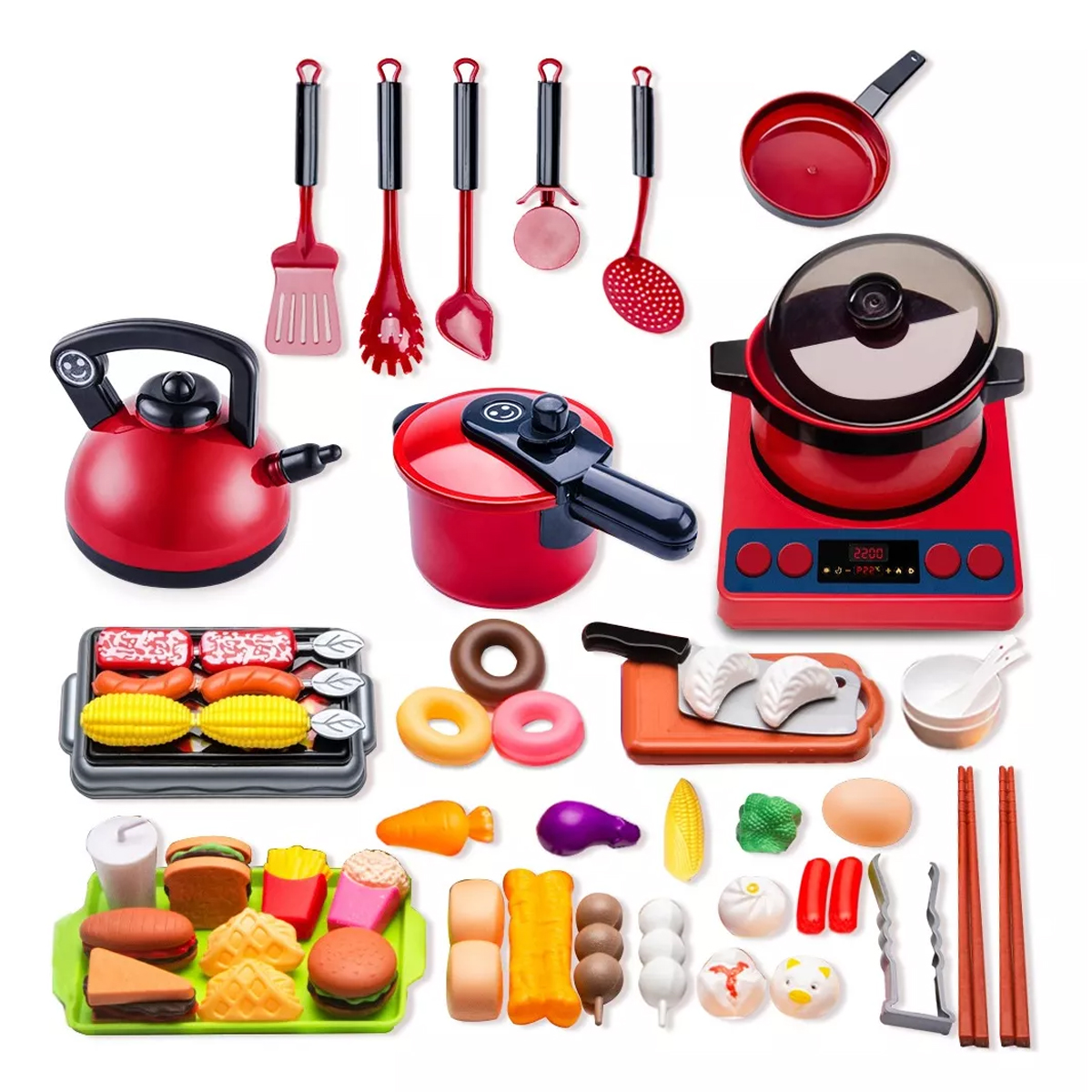 61 piezas Juguetes De Cocina Para Ninos Utensilios Cocina Comida Color Rojo.