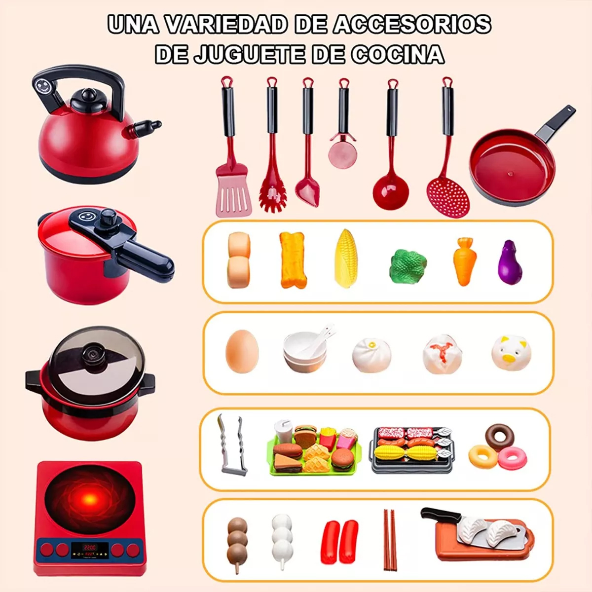61 piezas Juguetes De Cocina Para Ninos Utensilios Cocina Comida Color Rojo.